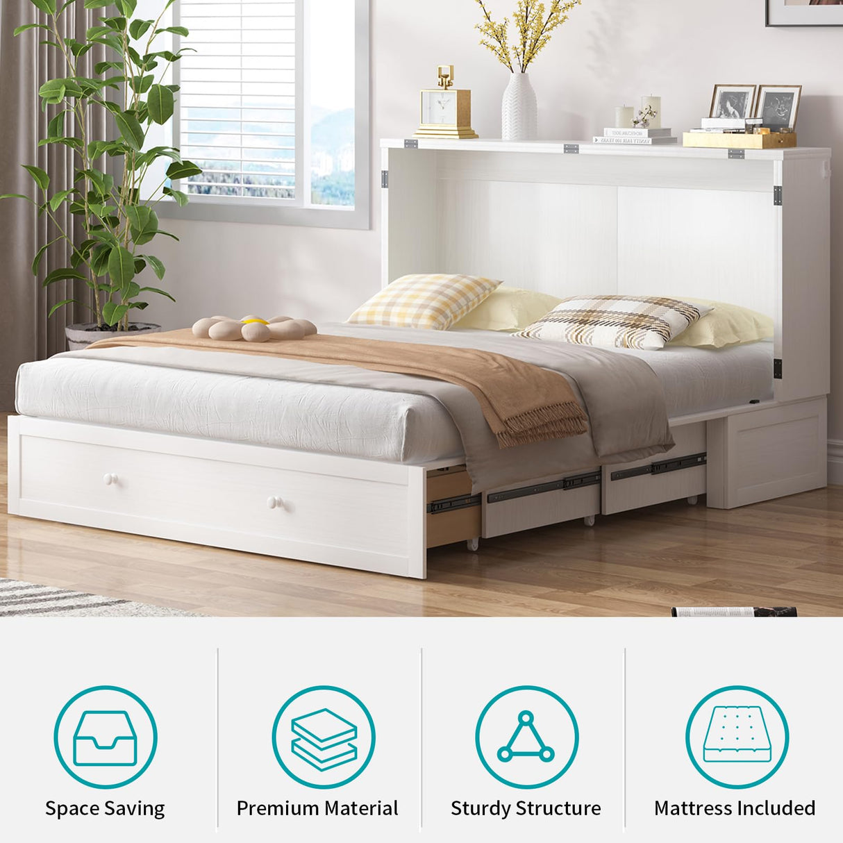 BALUS Murphy Cabinet Bed, Queen Murphy Bed with Tri-fold Mattress, Charging Stations, Wooden Cabinet Chest Beds with 2 Storage Drawers for Bedroom Guest Room - White BALUS
