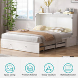 BALUS Murphy Cabinet Bed, Queen Murphy Bed with Tri-fold Mattress, Charging Stations, Wooden Cabinet Chest Beds with 2 Storage Drawers for Bedroom Guest Room - White BALUS