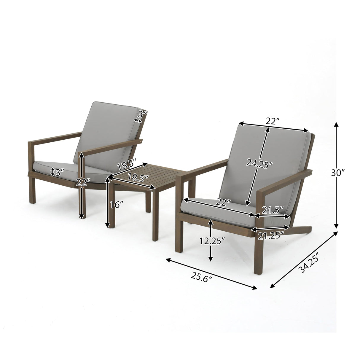 Christopher Knight Home Leah Outdoor Acacia Wood Chat Set with Water Resistant Cushions, 3-Pcs Set, Grey Finish / Grey Christopher Knight Home