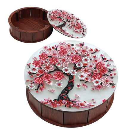 antor 5D Diamond Painting Snack Storage Box – Cherry Blossom Tree Design Round Wooden Container with Lid – Floral Elegant Crystal Rhinestone Art Craft Gift for Adults antor