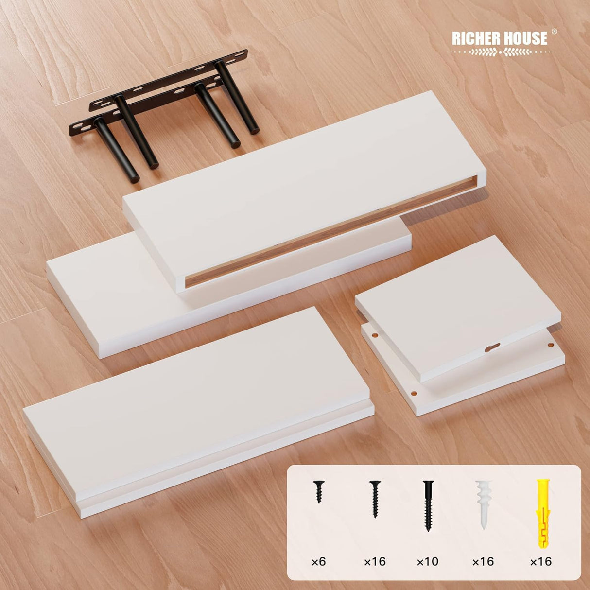 RICHER HOUSE White Floating Shelves Set of 3, Modern Bathroom Shelves Wall Mounted Shelves for Wall Decor, Over Toilet White Wall Shelves for Bathroom Bedroom, Living Room, Kitchen RICHER HOUSE
