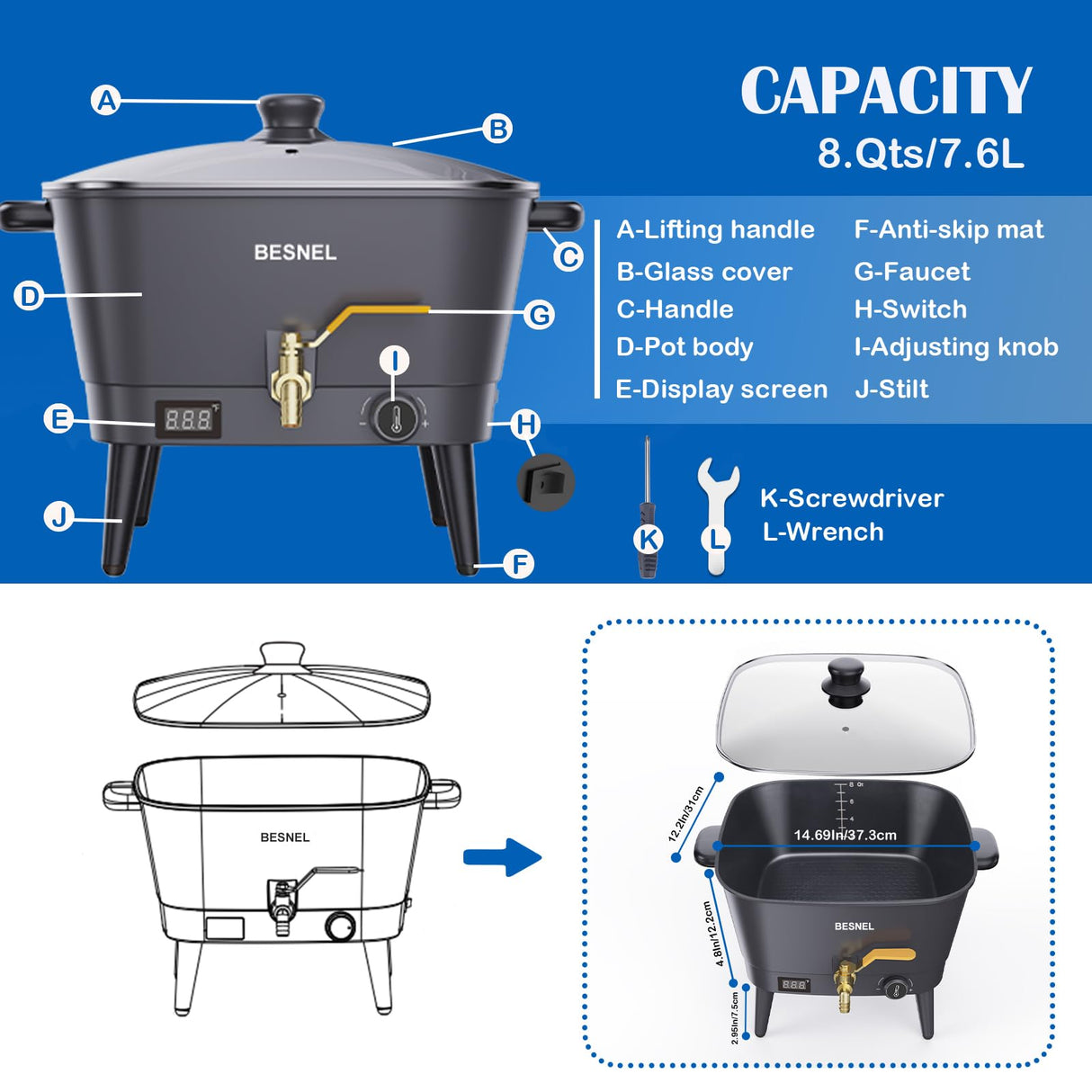 BESNEL Wax Melter for Candle Making, Electric Non-Stick Wax Melter Holds 8Qts of Wax,Soy Wax for or Soap Business Candle Making with Heat Resistant Handle & Brass Spout,Temp Control (Black) VOISEN