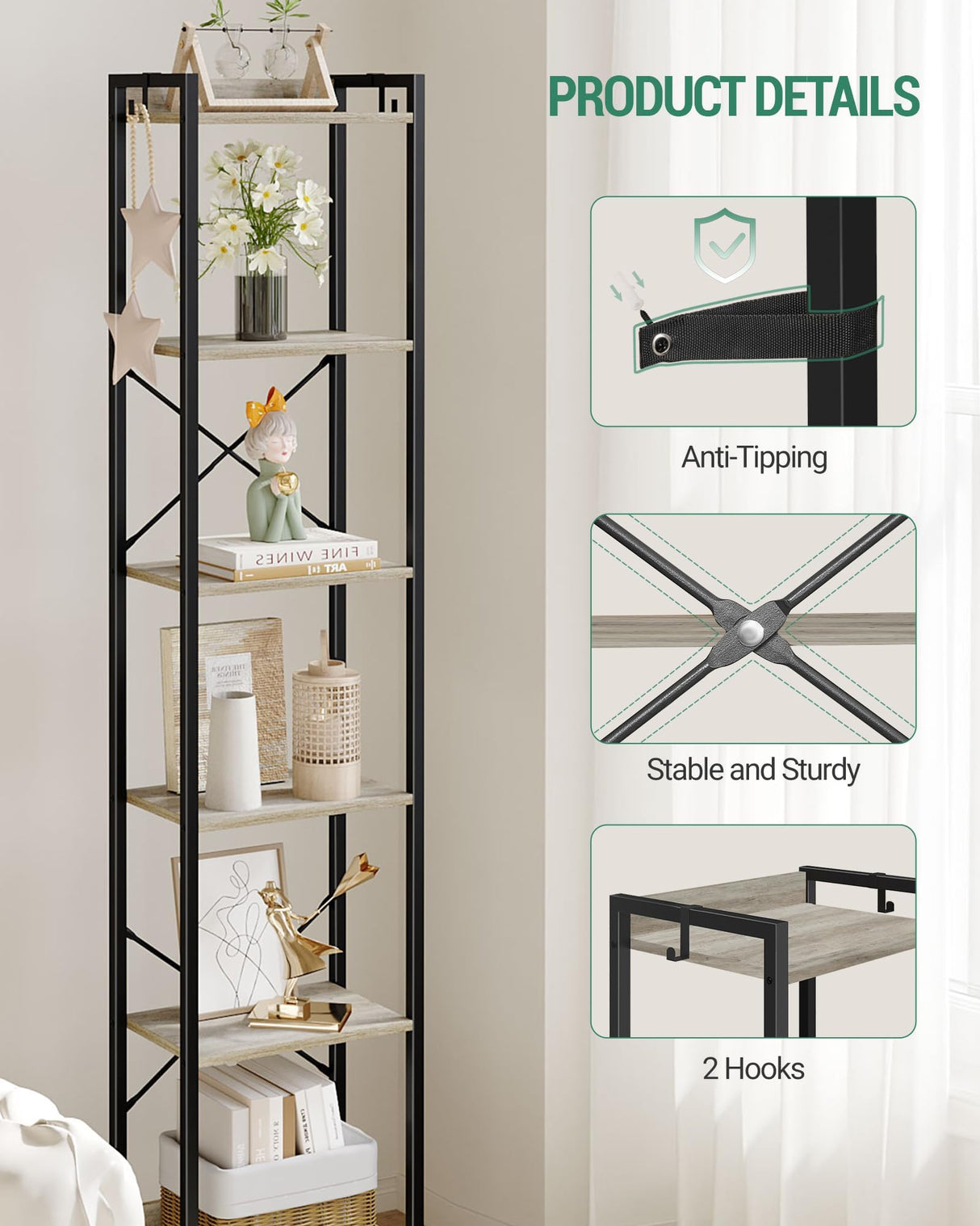 Hzuaneri Bookshelf, Book Shelf, Industrial Bookcase with 2 Hooks, Coner Shelf Storage Organizer for Home Office, Living Room, Bedroom, Kitchen, 6-Tier Greige BC10705B Hzuaneri