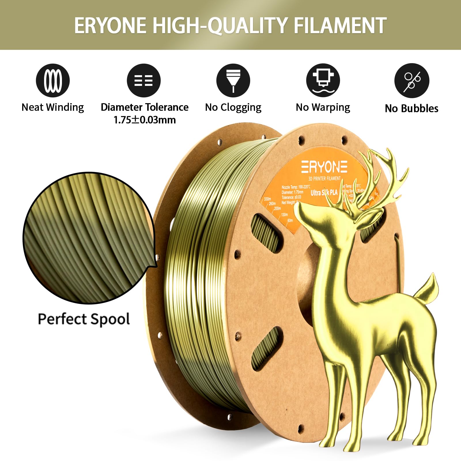 ERYONE Ultra Silk PLA Filament for 3D Printer, 1.75mm +/- 0.03mm, 1kg (2.2LBS)/Spool, Ultra Silk Bronze - WoodArtSupply