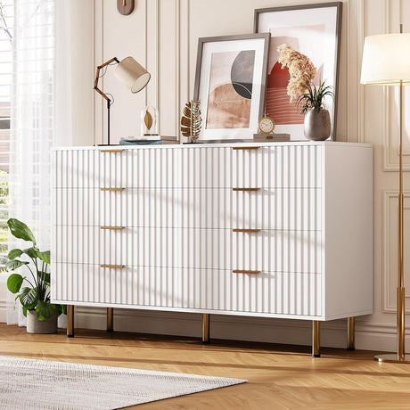 GarveeHome 8 Drawer Dresser for Bedroom, Fluted 55 in Wide Modern Chest of Drawers with Deep Drawers, Wooden Dresser Organizer for Living Room, Hallway, Kids Room, White GarveeHome