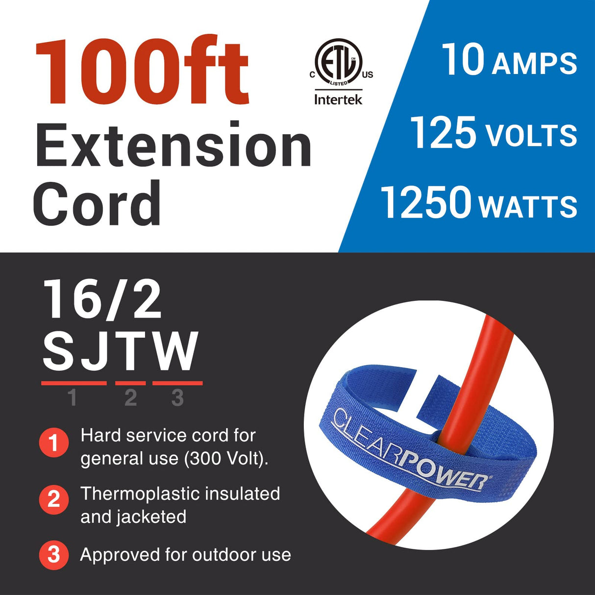 Clear Power 100 ft Outdoor Extension Cord 16/2 SJTW, 2-Prong Polarized Plug, Orange, Water & Weather Resistant, Flame Retardant, General Purpose Power Cord for Lawn & Garden DCOC-0189-DC Clear Power