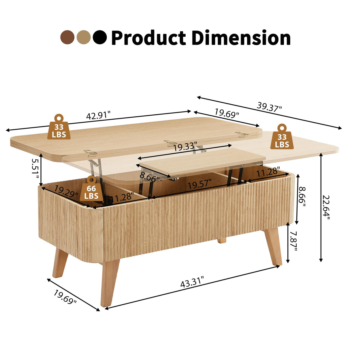3 in 1 Lift Top Coffee Table, Fluted Convertible Coffee Tables Converts to Dining Tables, Modern Oval Wooden Center Table with Storage for Living Room Office Small Space, Partial Assembly (Natural) ORRD