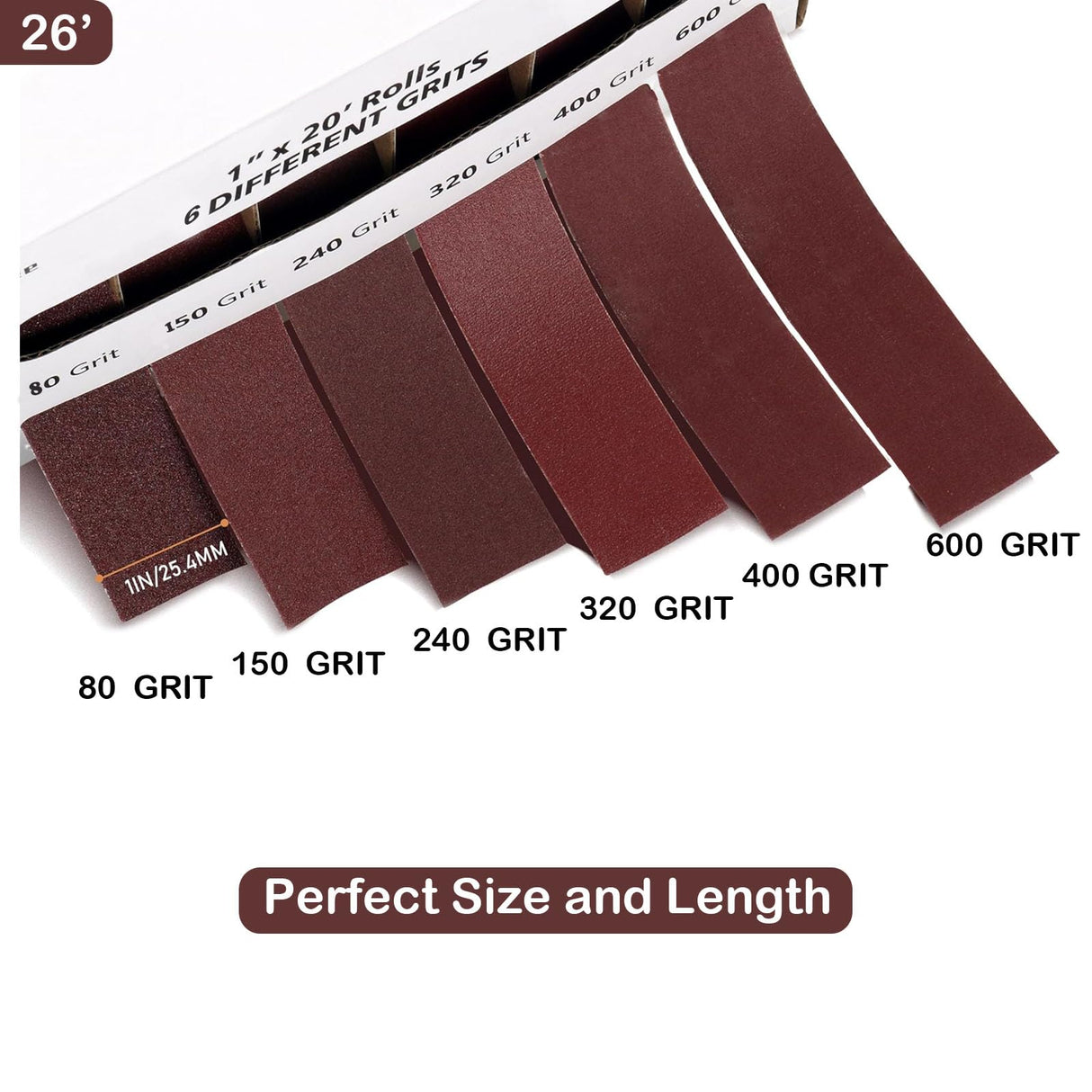 Emery Cloth Roll, 6 Grits 1'' x 26' Sand Paper Roll with Dispenser, 80 150 240 320 400 600 Grit Sandpaper Assortment, Wet Sanding Paper for Metal Automotive Furniture Wood HL-YMXQ