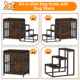 Snughome Dog Crate Furniture with Stairs, 41.73‘’ Wooden Dog Kennel Indoor with Double Doors, Furniture Style Dog Crate with Cushion for Dogs, Heavy Duty Dog Cage for Small/Medium Dogs, Rustic Brown Snughome