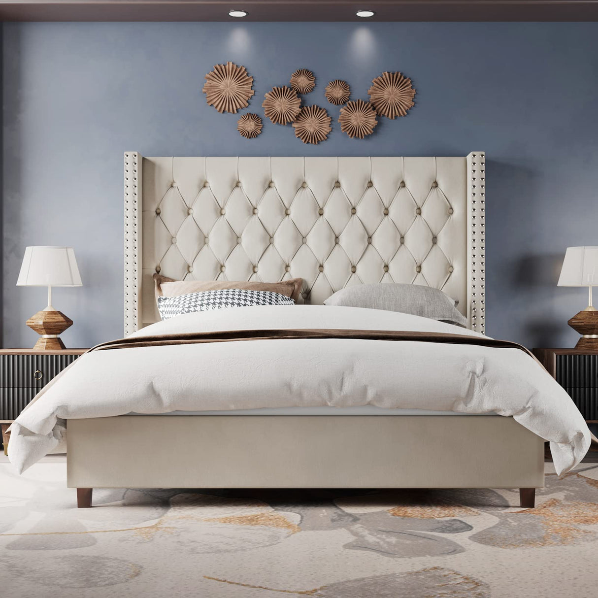 Jocisland Velvet Upholstered Bed Frame King Size 61.4" Tall Headboard King Bed Frame/Deep Button Tufted/No Box Spring Needed/Cream Jocisland