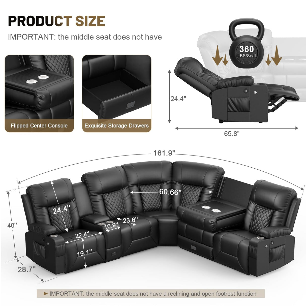 YONISEE Recliner Sectional Sofa, 5 Seats L-Shape Manual Reclining Sofa with Console & Flip Backrest Design, Storage Drawer, USB Ports, 2 Cell Phone Holder, Sofa Couch for Home Theater YONISEE