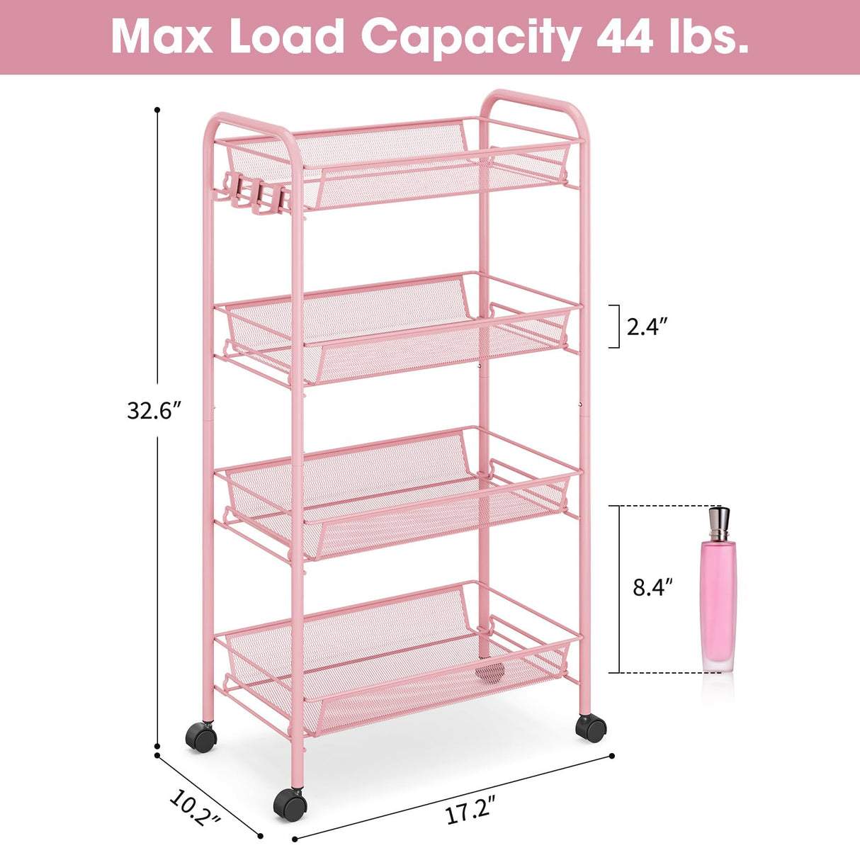 TOOLF 4 Tier Rolling Utility Cart - Durable Metal Design Pink Utility Cart, Storage Trolley on Wheels with 3 Hooks, Perfect for Kitchen, Bathroom & Laundry Room Organization TOOLF
