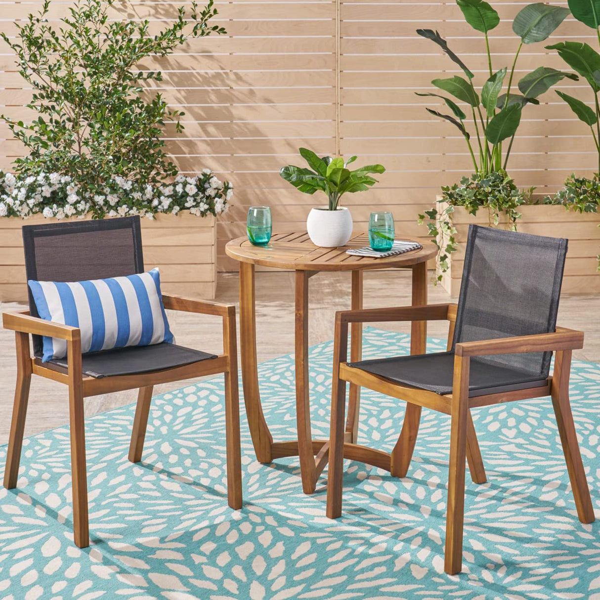 GDFStudio Outdoor Acacia Wood 3 Piece Dining Set with Mesh Seats, Teak and Black GDFStudio