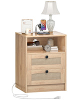 CHOEZON Rattan Nightstand, Boho Side Table, Bedside Table with Charging Station and 2 Drawers, Engineered Wood End Table, for Bedroom, Study, Natural MBZ07UNL CHOEZON
