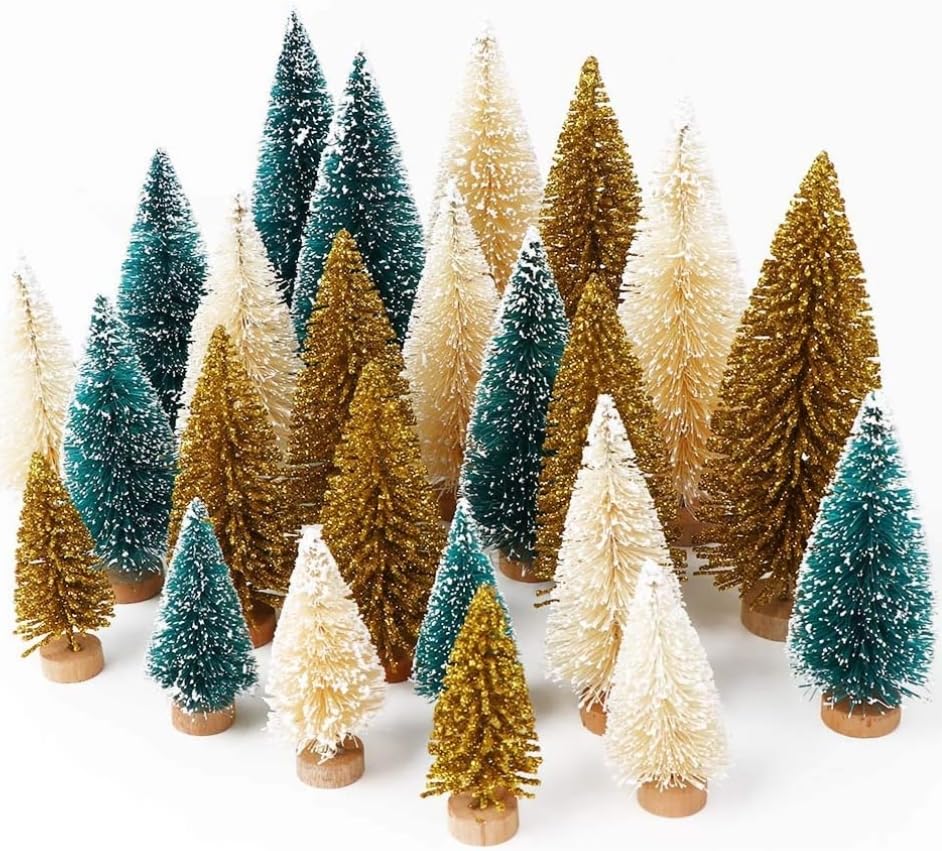 AerWo 24Pcs Mini Christmas Trees Bottle Brush Trees with Wood Base, Christmas Village Trees for Tabletop Christmas Decor Holiday Winter Decorations AerWo