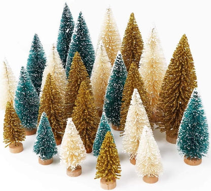 AerWo 24Pcs Mini Christmas Trees Bottle Brush Trees with Wood Base, Christmas Village Trees for Tabletop Christmas Decor Holiday Winter Decorations