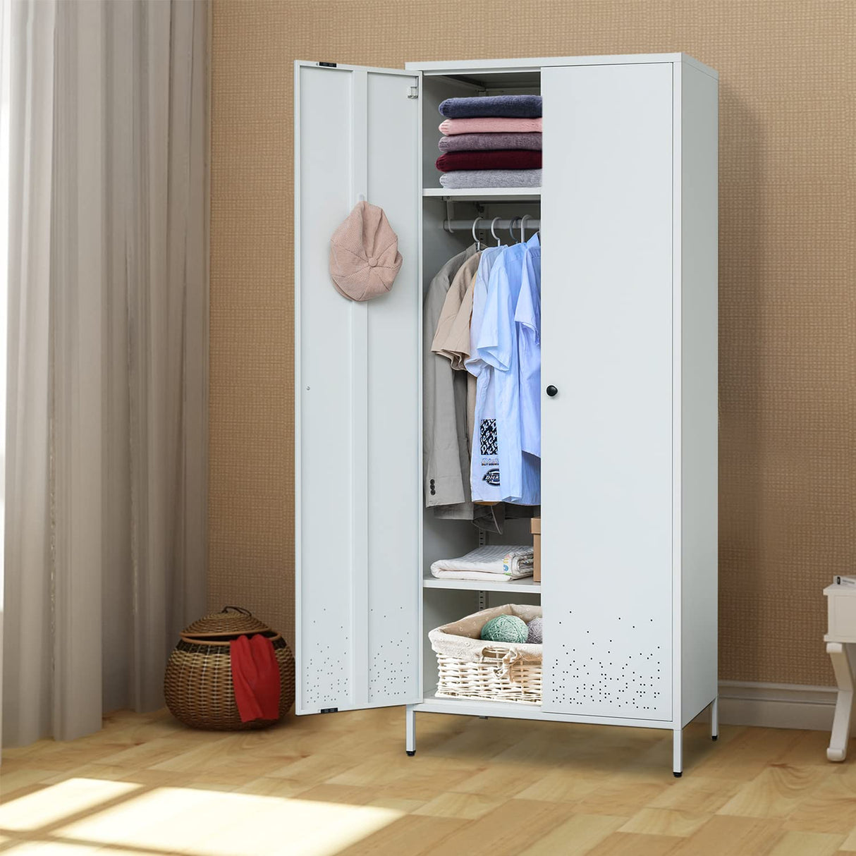 YEEZER Metal Wardrobe, Storage Cabinet with Hanging Rod，Armoire with Magnetic Door and 2 Freely Adjustable Shelves 74" H x 31.5" W x 20" D (White) YEEZER