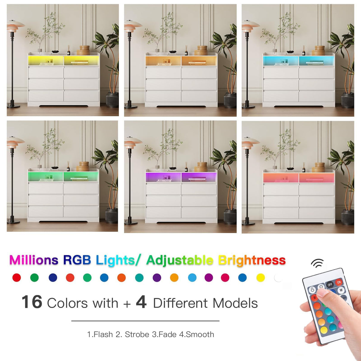 GOSROMS Dresser for Bedroom, White Bedroom Dresser with LED Lights, 6 Long Drawers Dresser, Tall Wide Chest of Drawers Storage Organizer for Bedroom, Living Room, Entryway GOSROMS