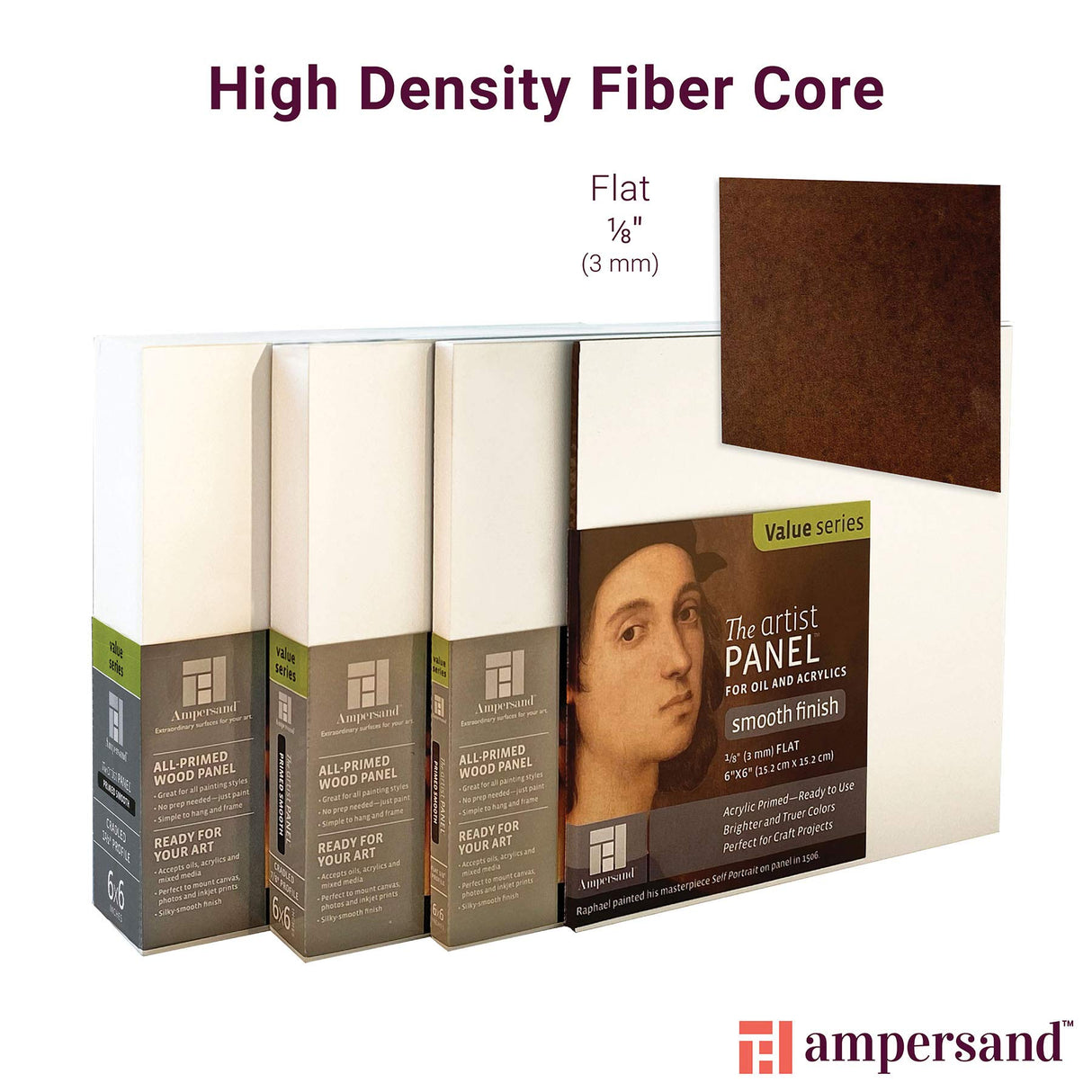 Ampersand Art Supply Wood Gesso Artist Painting Panel: Primed Smooth, 12" x 12", 1/8" Flat Profile Ampersand Art Supply