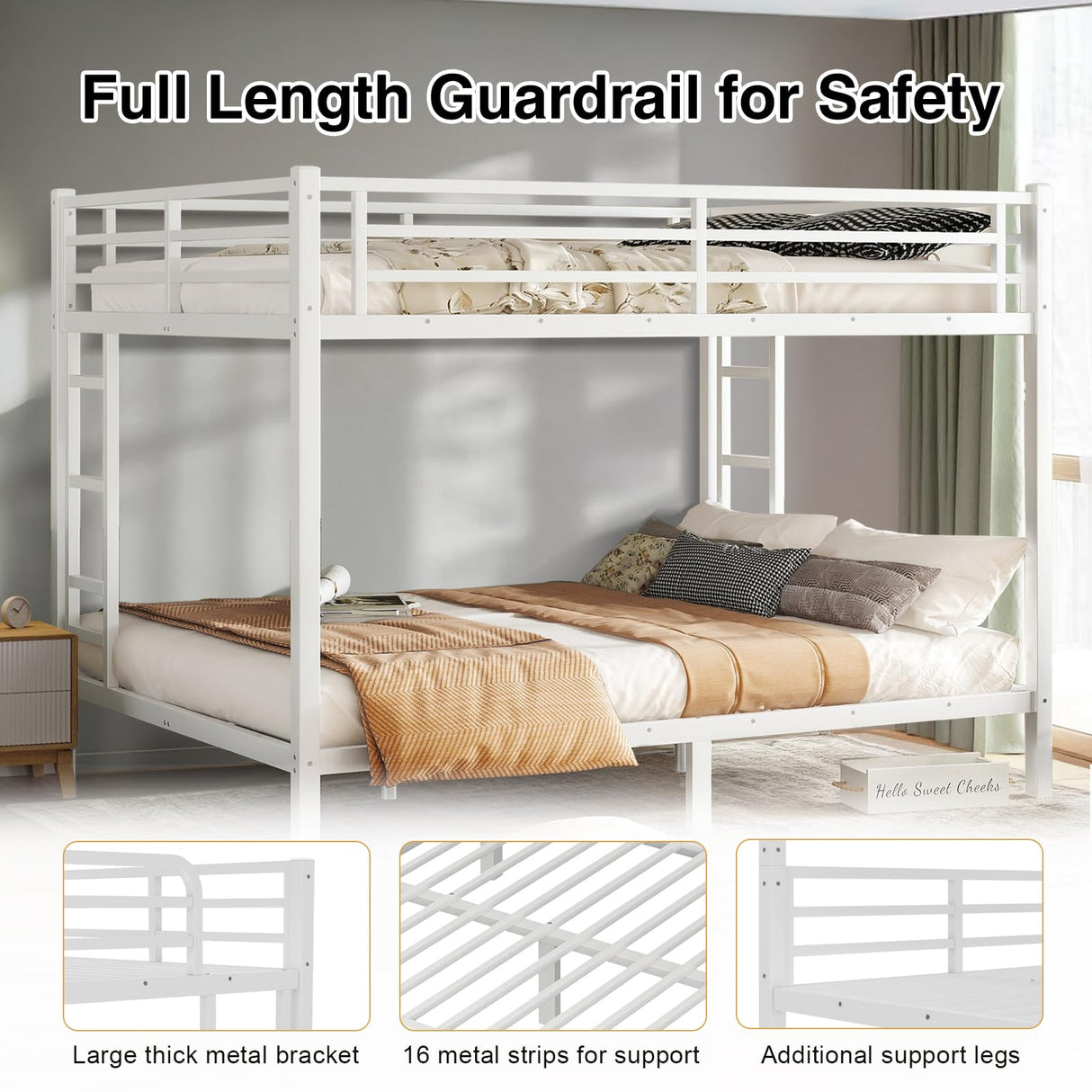 HKOLIE Queen Over Queen Bunk Bed, Metal Bunk Bed Frame Heavy Duty Bunk Beds Loft Bed Frame with Ladder and Guardrail Metal Slats No Box Spring Required for Adults Teens, White HKOLIE