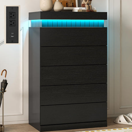 UPOSOJA Tall Black Dresser for Bedroom, Modern 5 Wood Drawers with LED Light and Power Outlet, Floating Dressers for Closet, Large Chest of Drawer for Living Room, Hallway, Entryway UPOSOJA