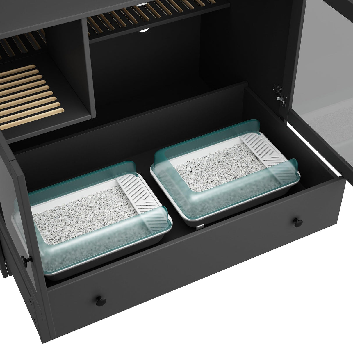 DAWNSPACES Extra Large Cat Litter Box Enclosure Furniture Hidden, Cat Condo Cabinet Pet House with Stairs for 2, Nightstand Side Table witha Large Drawer for Living Room, Black DAWNSPACES