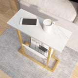 Yusong Small Narrow Side Table for Small Spaces, 17.7" W Slim End Table Magazine Table Nighstand with Storage Holder, Accent Skinny Snack Couch Bedside Table, Gold White, Complete Iron Pipes Yusong