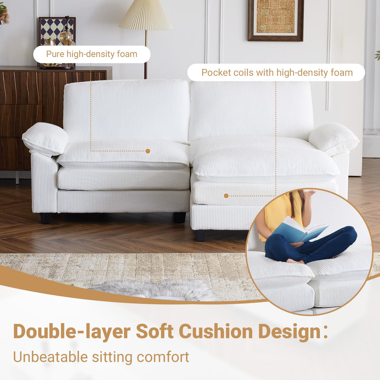 VINGLI 86" Cloud Corduroy Sectional Sofa, Comfy L-Shaped Extra Deep Seat Sofa Couch for Living Room,Modern 2-Seat Convertible Loveseat Sofa with Ottoman for Small Space(White) VINGLI