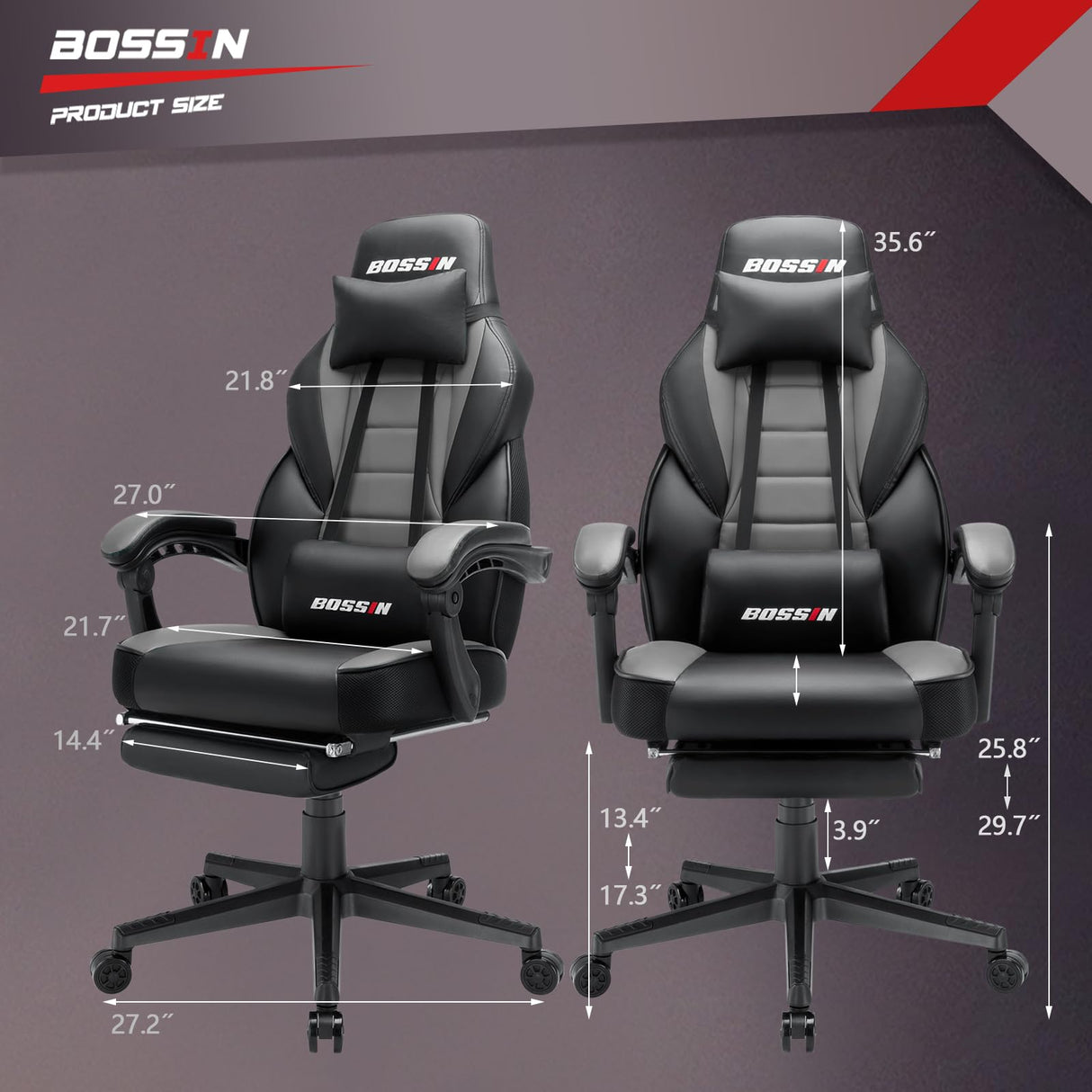 BOSSIN Gaming Chair with Massage, Ergonomic Heavy Duty Design with Footrest and Lumbar Support, Large Size Cushion High Back Office Chair, Big and Tall Gaming Computer Chair for Kids BOSSIN