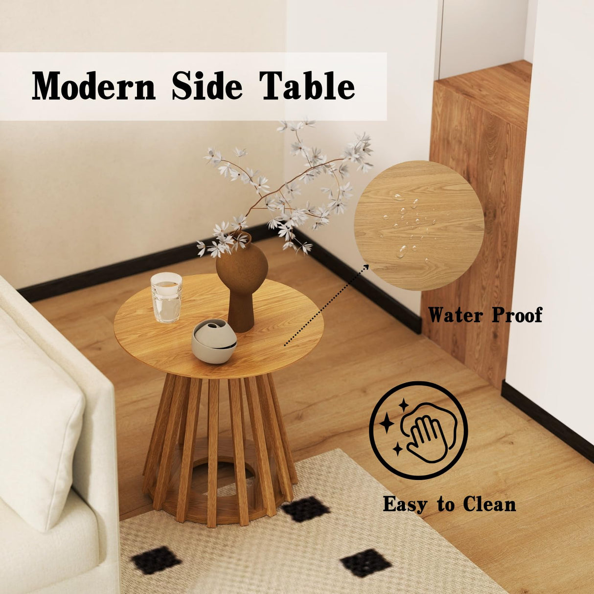 DUOMAY Modern Solid Wood Round Side Table with Geometric Base, Natural Wood Accent End Table Center Table for Living Room, Bedroom, Lounge, Office, Log Color DUOMAY