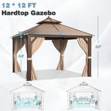 MELLCOM 12' x 12' Hardtop Gazebo, Galvanized Steel Double Roof Outdoor Gazebo, Aluminum Frame Metal Gazebo with Netting and Curtains for Patios, Gardens, Lawns Brown MELLCOM