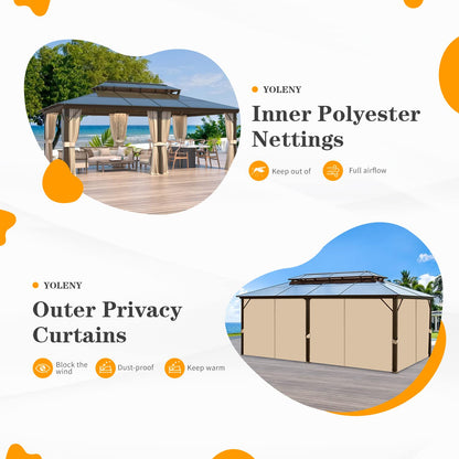 YOLENY 12'x20' Hardtop Gazebo, Outdoor Polycarbonate Double Roof Canopy, Aluminum Frame Permanent Pavilion with Curtains and Netting, Sunshade for Garden, Patio, Lawns - WoodArtSupply