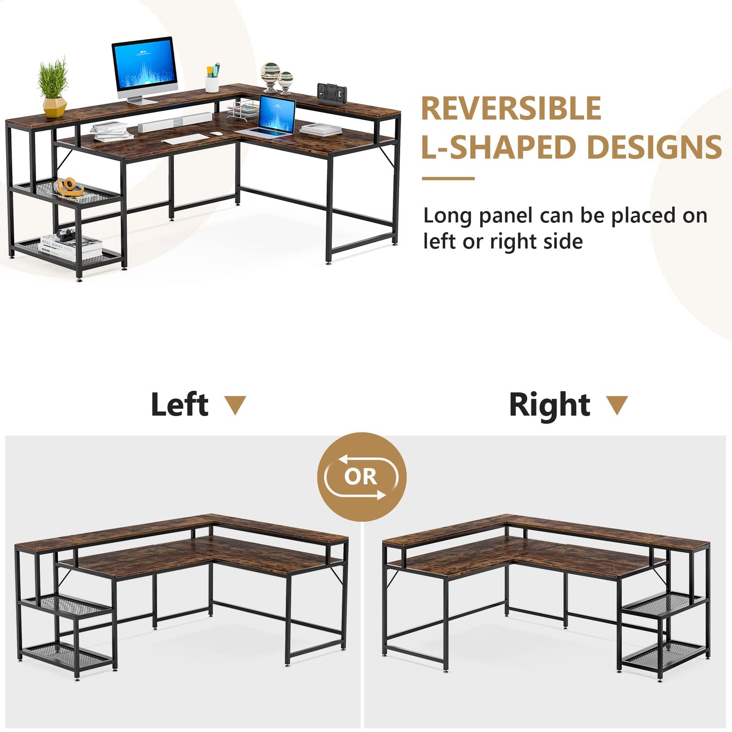 Tribesigns 69 Inch L Shaped Desk with Monitor Stand, Large Reversible Corner Desk with Storage Shelf, Industrial Computer Table Writing Desk for Home Office, Rustic Brown - WoodArtSupply