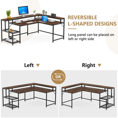 Tribesigns 69 Inch L Shaped Desk with Monitor Stand, Large Reversible Corner Desk with Storage Shelf, Industrial Computer Table Writing Desk for Home Office, Rustic Brown - WoodArtSupply