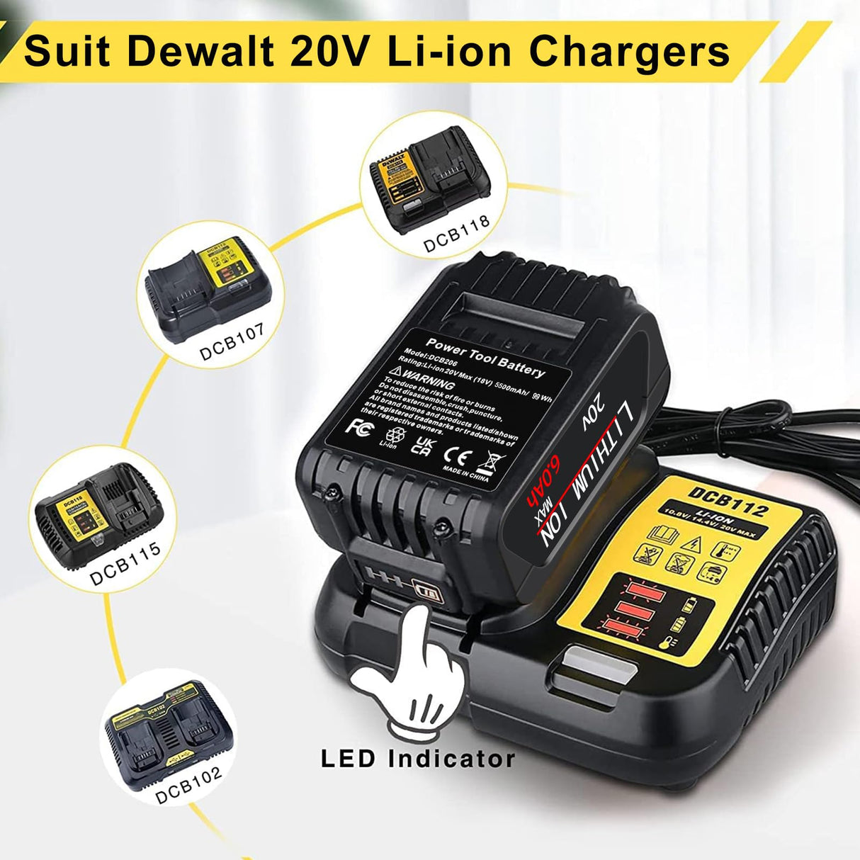 DTK 6.0Ah Battery Replacement for Dewalt 20V Battery DCB200 DCB203 DCB204 DCB206 Lithium Batteries 2 Packs DTK