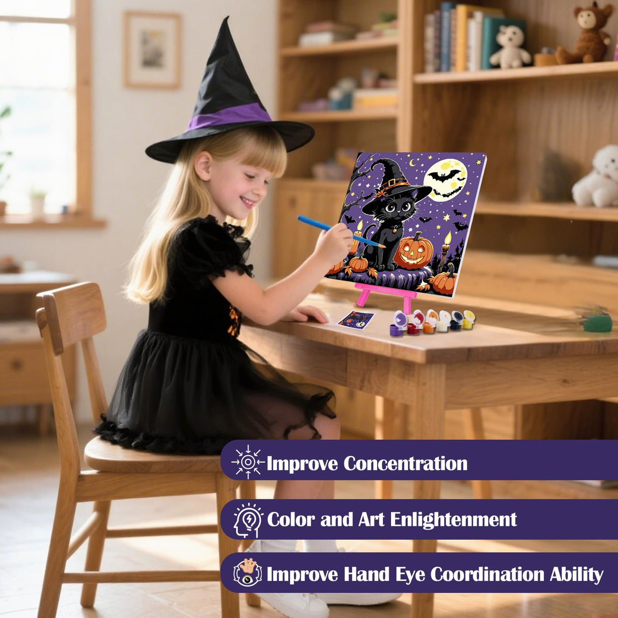 Vodolo 4 Pack Halloween Paint by Numbers Cat with Frame,Easy DIY Halloween Painting Kit Vodolo