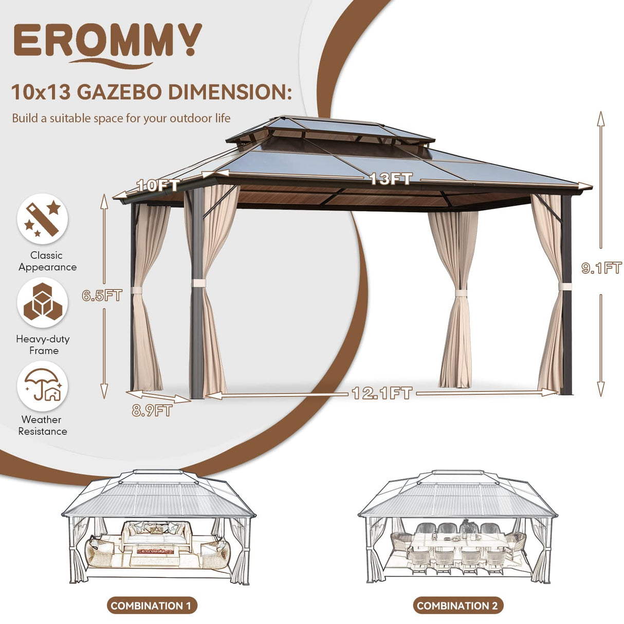 EROMMY 10'x13' Gazebo Polycarbonate Double Roof Canopy Outdoor Aluminum Frame Pergolas with Netting and Curtains for Garden Patio Lawns Parties EROMMY