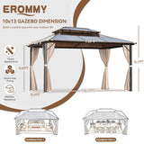 EROMMY 10'x13' Gazebo Polycarbonate Double Roof Canopy Outdoor Aluminum Frame Pergolas with Netting and Curtains for Garden Patio Lawns Parties EROMMY
