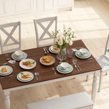 HOPETANA 6-Piece Dining Room Set - Rectangular Solid Elm Wood Table with Bench & Upholstered Chairs, White/Brown HOPETANA