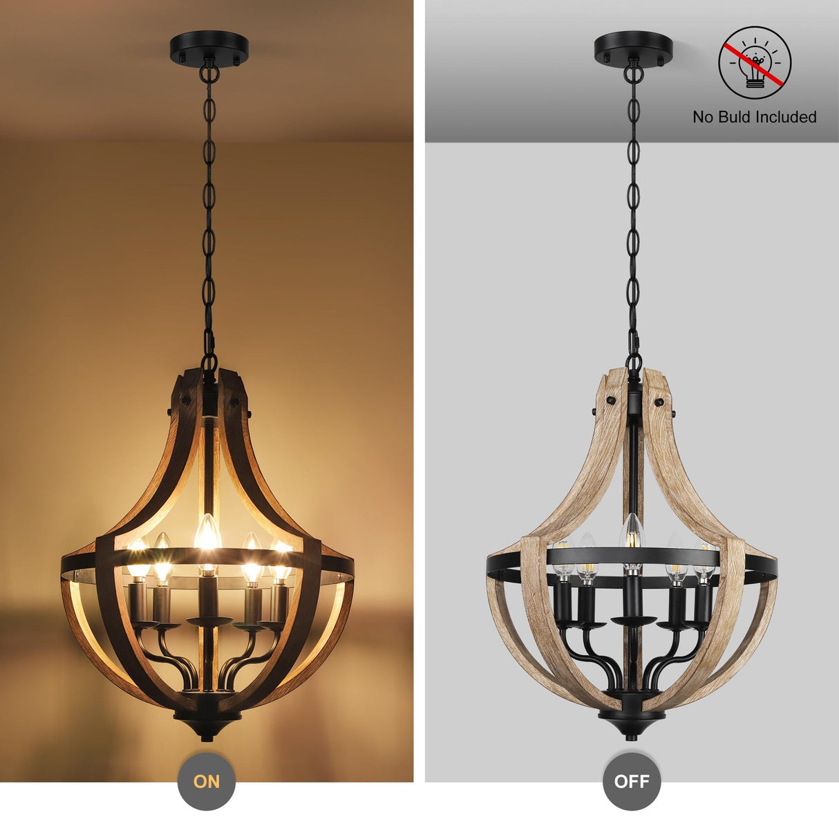 5-Light Farmhouse Wood Chandeliers for Dining Room, Adjustable Height Hanging Rustic Geometric Light Fixture for Kitchen Island Foyer Entryway Living Room Klgxnrd