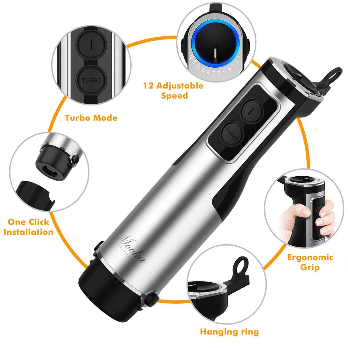 Immersion Blender Handheld, 1100W 5-in-1 Multi-Purpose Hand Blender, 12-Speed Stick Blender, 600ml Beaker, 500ml Chopper, Egg Whisk, Milk Frother, Black MOOKA FAMILY