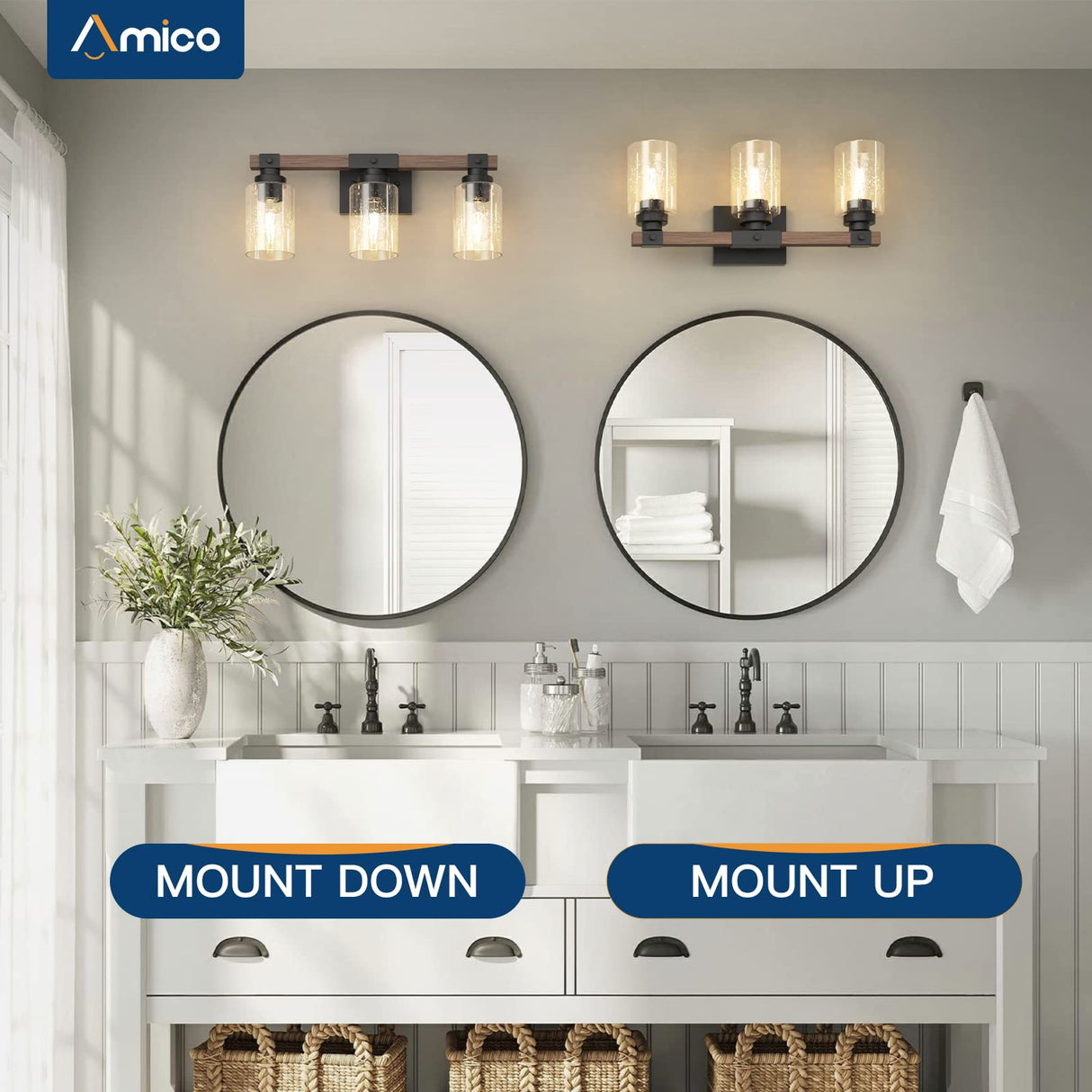 Amico 3-Light Farmhouse Vanity Light Fixture, Rustic Wood Bathroom Light Fixtures, Industrial Vintage Black Wall Sconces Light with Bubble Glass Shade for Mirror, Bedroom, Living Room, Hallway Amico