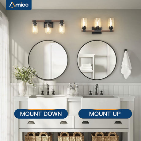 Amico 3-Light Farmhouse Vanity Light Fixture, Rustic Wood Bathroom Light Fixtures, Industrial Vintage Black Wall Sconces Light with Bubble Glass Shade for Mirror, Bedroom, Living Room, Hallway Amico