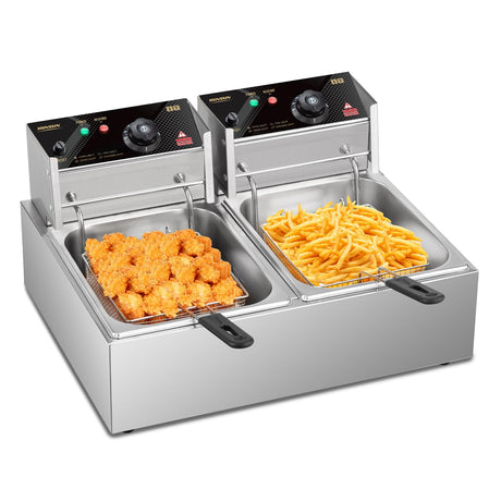 ROVSUN 22.8QT/21.6L Electric Deep Fryer, Countertop Commercial Stainless Steel Dual Tank Kitchen Fat Fryer Frying Machine w/Baskets Lids for French Fries Donuts, Adjustable Temp, 3400W ROVSUN