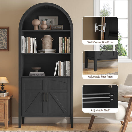 ONBRILL 71" Tall Arched Bookshelf, 5-Tier Arched Bookcase with Door & Storage Cabinet, Farmhouse Display Bookshelf Cabinet with Adjustable Shelf, Freestanding Wood Bookcase for Home Office, Study ONBRILL
