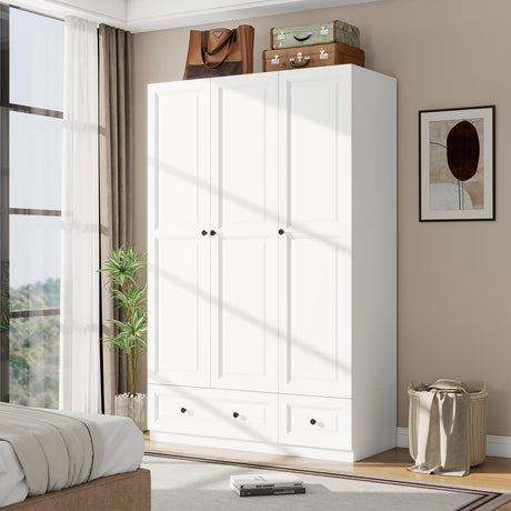 Vrmuxita Armoire Wardrobe Closet with Drawers: 74" White Tall Wooden Wardrobe Closet for Hanging Clothes, Large Bedroom Armoires with 2 Drawers, 3 Door Armoire Storage Cabinet (White, 47") Vrmuxita