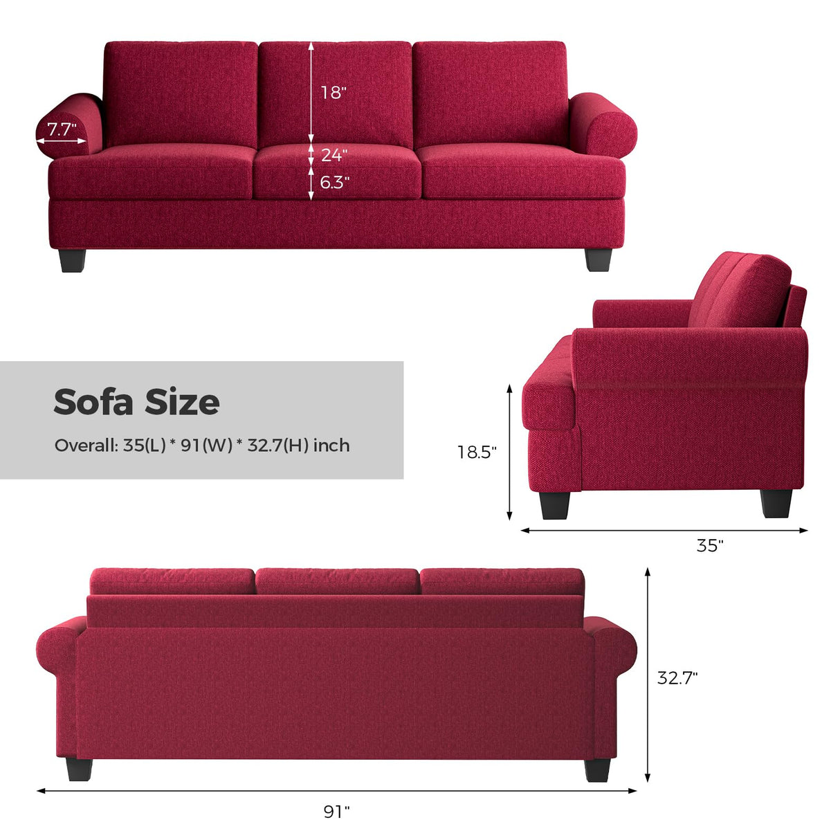 COPIAE 91 Inch Lawson Sofa with Extra Deep Seats Oversize, Mid-Century 3-Seat Sofa Couch, for Living Room, Apartment, Lounge, Red COPIAE