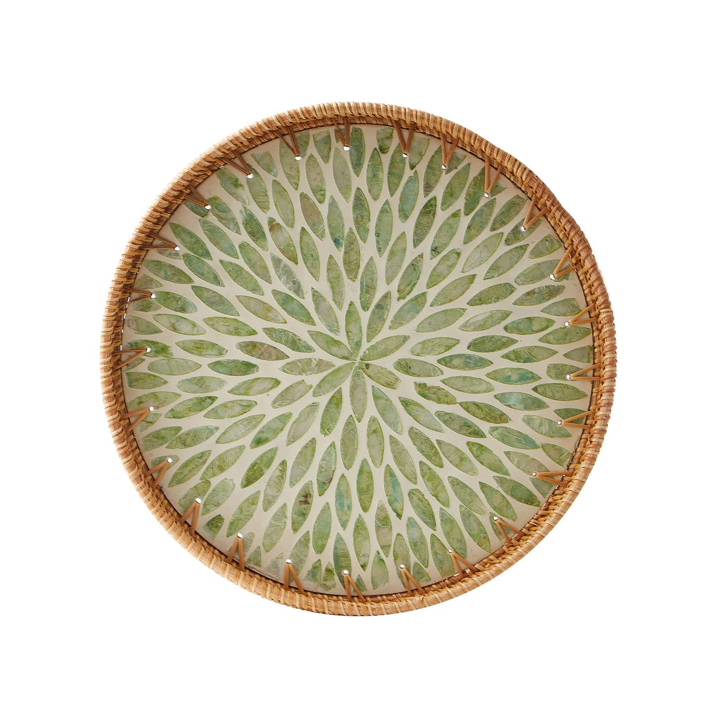 Round Rattan Tray with Mother of Pearl Inlay, Rattan Serving Tray with Wooden Base, Decorative Wicker Basket for Table Decor, Storage and Display of Coffee Bread Food Fruit (Leaf)