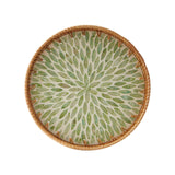 Round Rattan Tray with Mother of Pearl Inlay, Rattan Serving Tray with Wooden Base, Decorative Wicker Basket for Table Decor, Storage and Display of Coffee Bread Food Fruit (Leaf) Kmelep