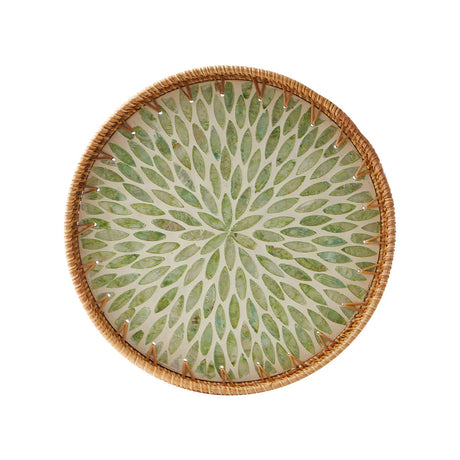 Round Rattan Tray with Mother of Pearl Inlay, Rattan Serving Tray with Wooden Base, Decorative Wicker Basket for Table Decor, Storage and Display of Coffee Bread Food Fruit (Leaf) Kmelep